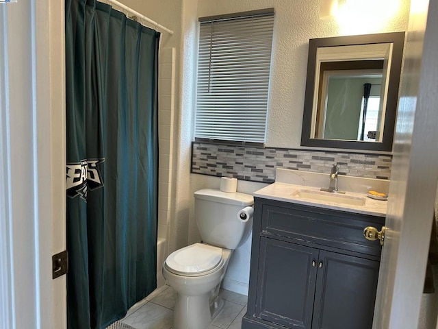 full bathroom featuring shower / tub combo, tile walls, vanity, tile patterned floors, and toilet