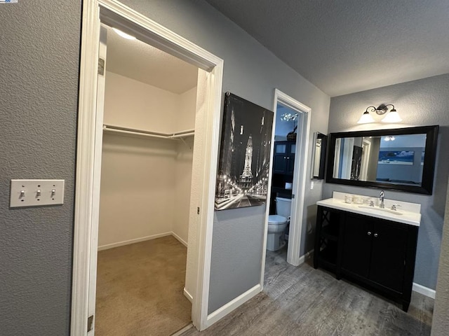 bathroom featuring hardwood / wood-style flooring, vanity, and toilet