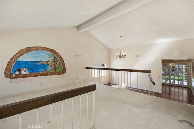 hallway with carpet floors, a chandelier, and lofted ceiling with beams