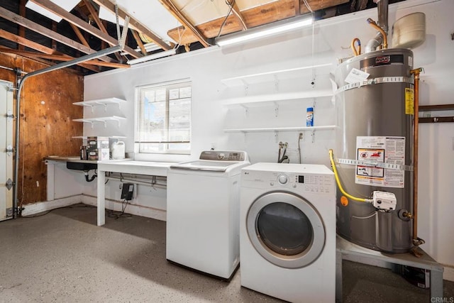 washroom with secured water heater and washer and clothes dryer