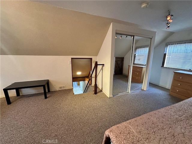 bedroom featuring lofted ceiling, track lighting, and carpet