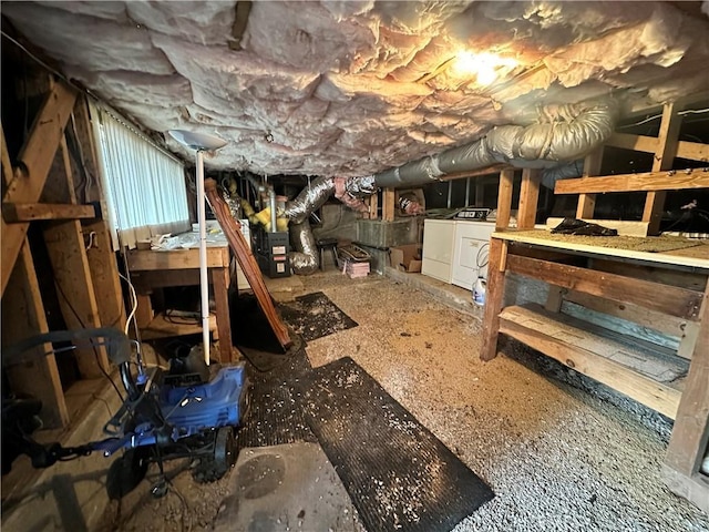 storage room featuring separate washer and dryer and heating unit