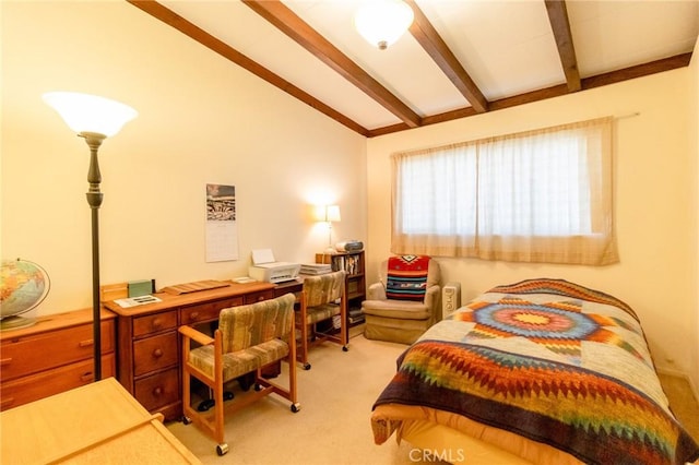 carpeted bedroom with lofted ceiling with beams