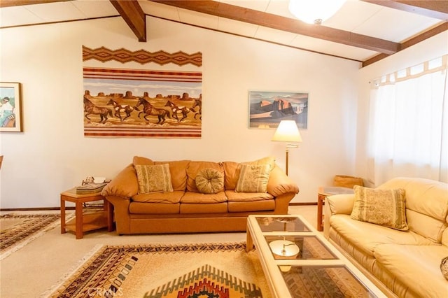 carpeted living room with vaulted ceiling with beams