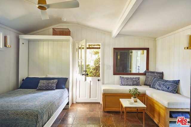 bedroom with lofted ceiling with beams and ceiling fan