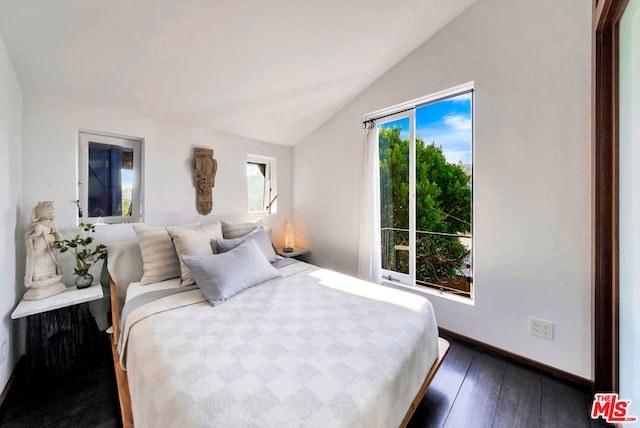 bedroom with lofted ceiling and dark wood-type flooring