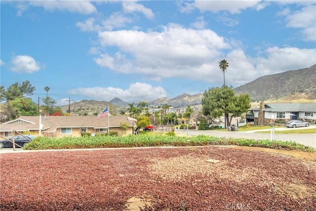 view of yard with a mountain view and a residential view