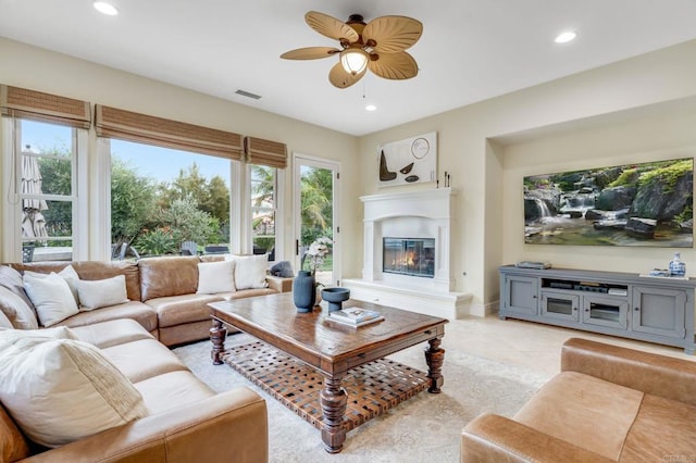 living room with ceiling fan