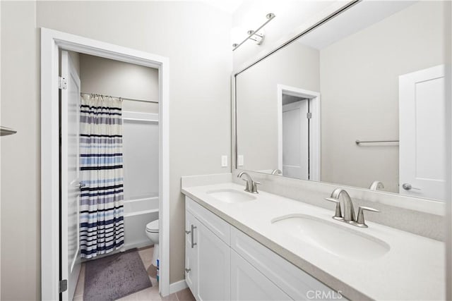 full bathroom with vanity, toilet, and shower / bathtub combination with curtain