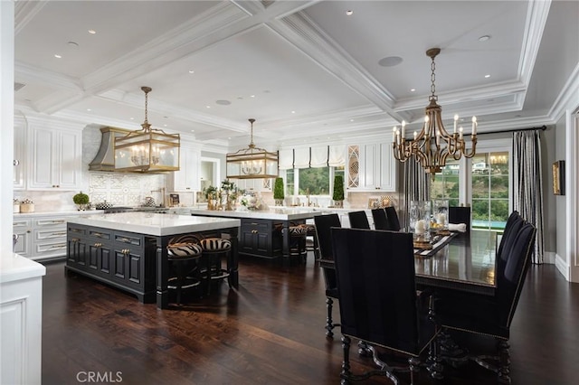 dining room with dark wood-type flooring, coffered ceiling, ornamental molding, a notable chandelier, and beam ceiling