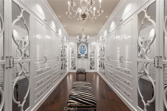 spacious closet with a notable chandelier and dark hardwood / wood-style flooring