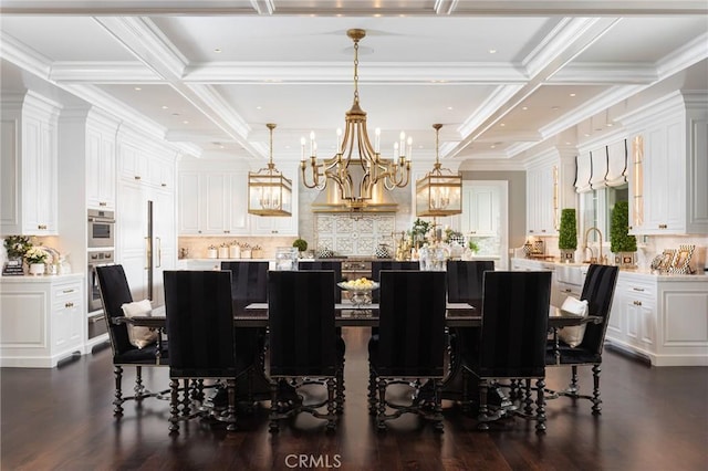 dining area with beamed ceiling, coffered ceiling, and dark hardwood / wood-style floors