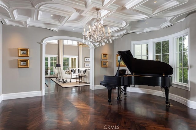 misc room with ornate columns, dark parquet flooring, and coffered ceiling