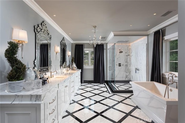 bathroom with ornamental molding, vanity, independent shower and bath, and a notable chandelier