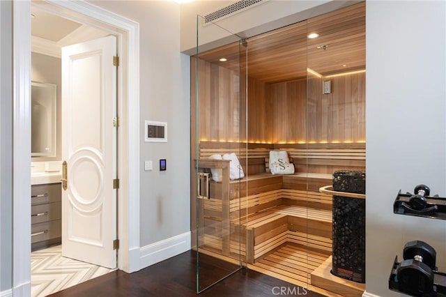 view of sauna / steam room with wood-type flooring