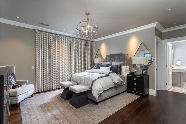 bedroom featuring wood-type flooring, crown molding, and an inviting chandelier