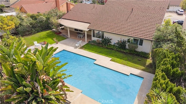 view of pool with a patio, exterior bar, and a lawn