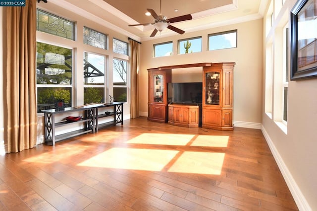 unfurnished sunroom with a tray ceiling, plenty of natural light, and ceiling fan