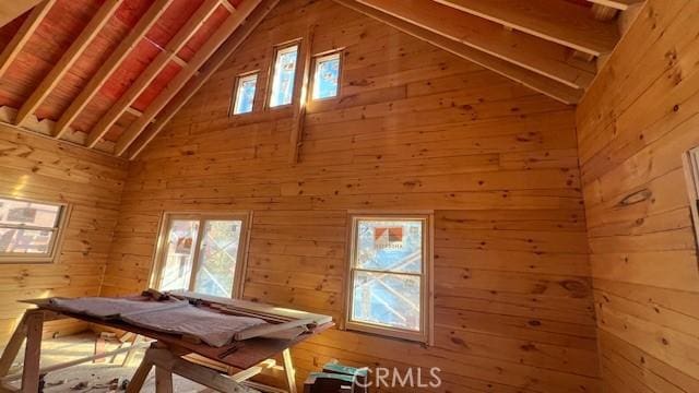 recreation room with wooden walls and high vaulted ceiling