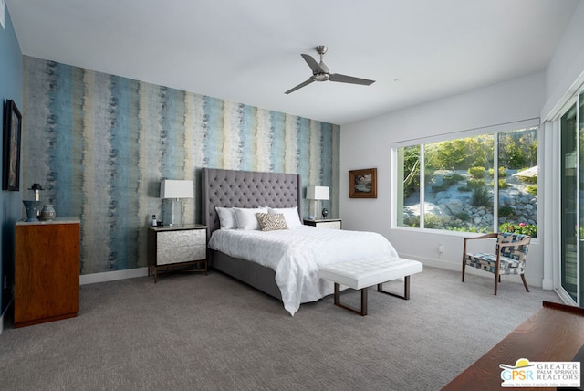 bedroom with ceiling fan and carpet