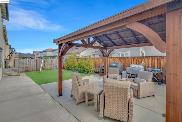 view of patio / terrace featuring a gazebo and an outdoor hangout area