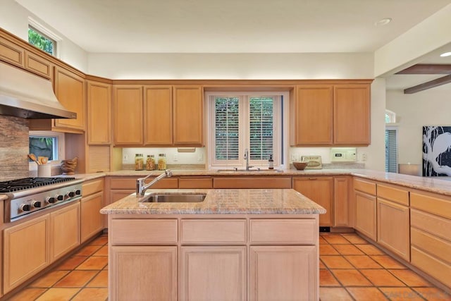 kitchen with stainless steel gas stovetop, ventilation hood, sink, and light brown cabinets