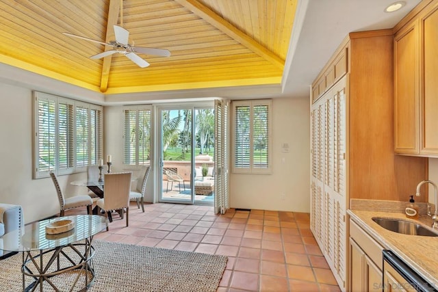 sunroom / solarium featuring ceiling fan, a raised ceiling, sink, and wooden ceiling