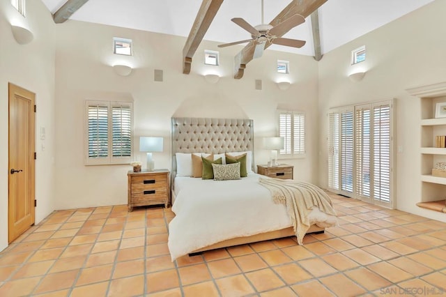 bedroom featuring beamed ceiling, light tile patterned flooring, access to exterior, and high vaulted ceiling