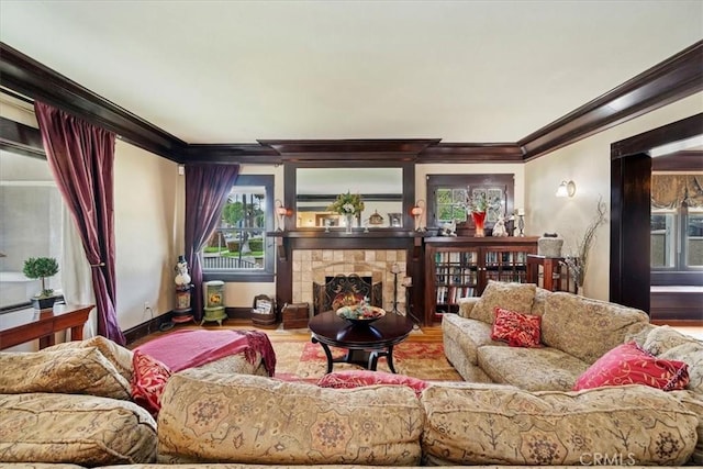 living room featuring ornamental molding, hardwood / wood-style floors, and a fireplace