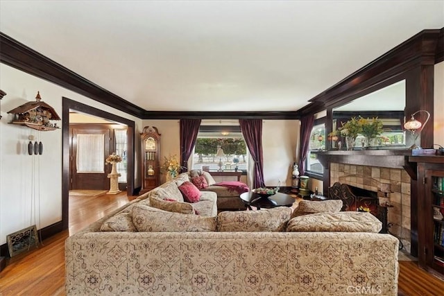 living room featuring crown molding, wood-type flooring, and a fireplace