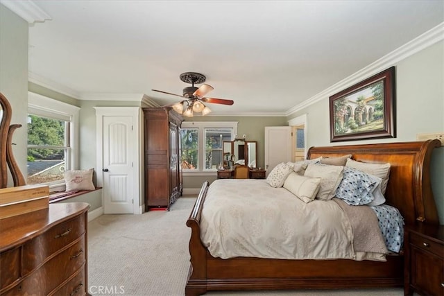 bedroom with multiple windows, crown molding, and light colored carpet