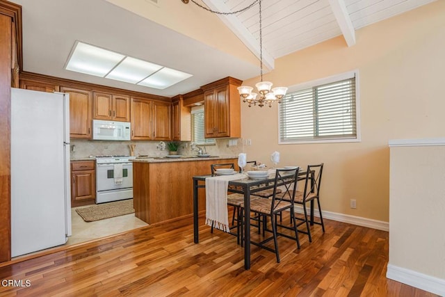 kitchen with dark wood-type flooring, vaulted ceiling with beams, tasteful backsplash, an inviting chandelier, and white appliances