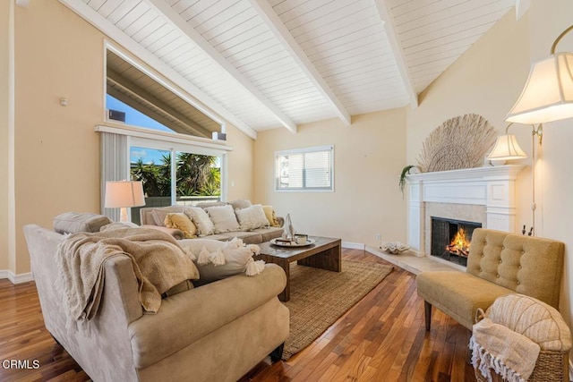3233 Playa Ct, Oxnard, CA 93035 - living room featuring wood-type flooring, a premium fireplace, and wooden ceiling