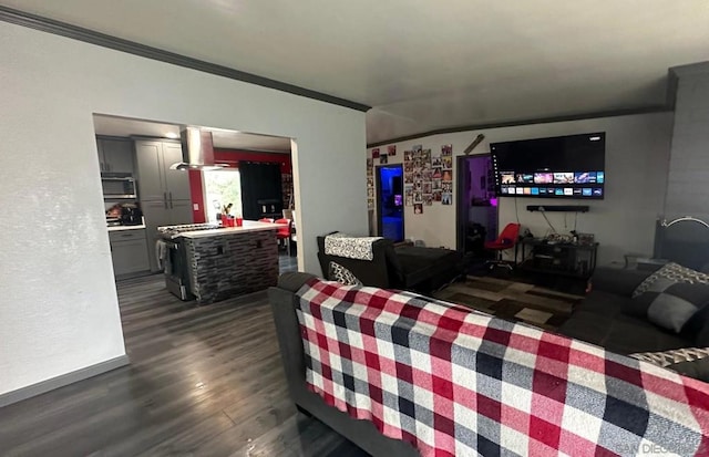 bedroom featuring crown molding and dark hardwood / wood-style floors