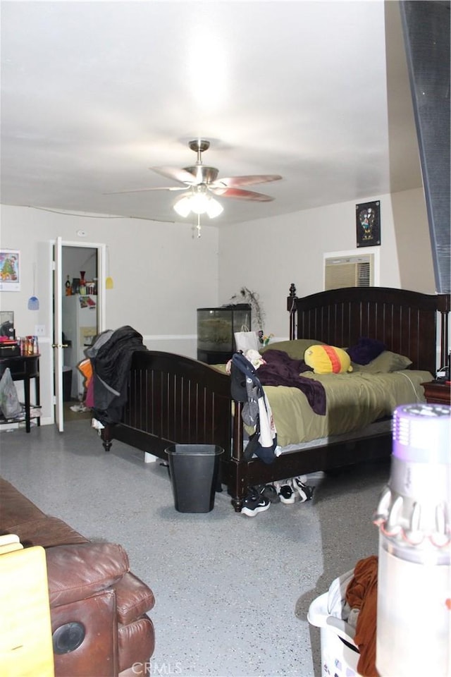 bedroom featuring white refrigerator and ceiling fan