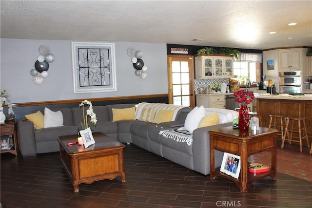 living room featuring dark hardwood / wood-style flooring, sink, and a textured ceiling