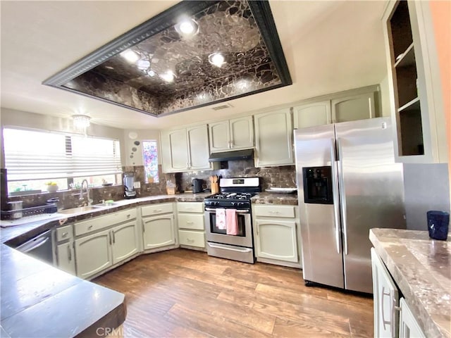 kitchen with a tray ceiling, appliances with stainless steel finishes, a sink, green cabinetry, and under cabinet range hood