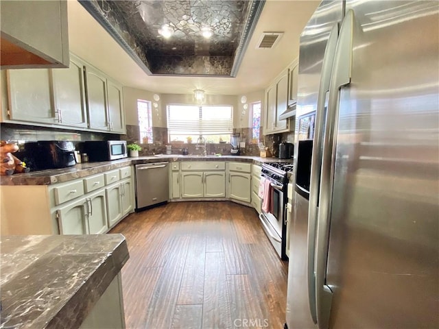 kitchen with wood-type flooring, appliances with stainless steel finishes, a tray ceiling, green cabinets, and backsplash