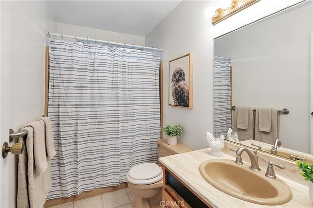 31750 1st St, Acton, CA 93510 - bathroom with tile patterned floors, vanity, a shower with shower curtain, and toilet