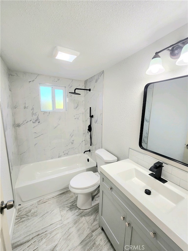 full bathroom featuring decorative backsplash, tiled shower / bath combo, vanity, toilet, and a textured ceiling