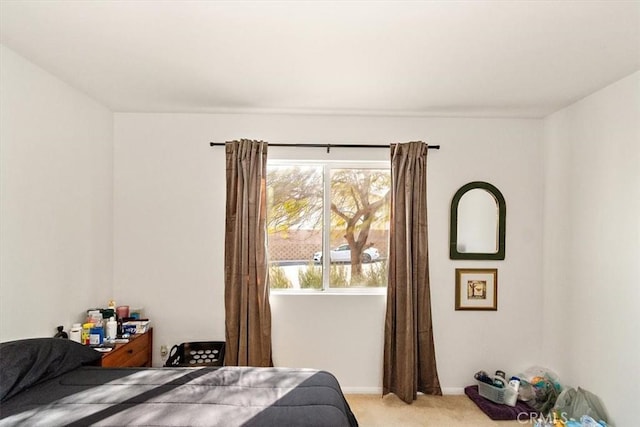 bedroom with light colored carpet