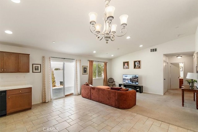 living room featuring lofted ceiling, a notable chandelier, and light carpet