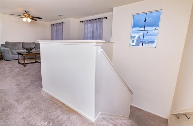 staircase with ceiling fan and carpet floors