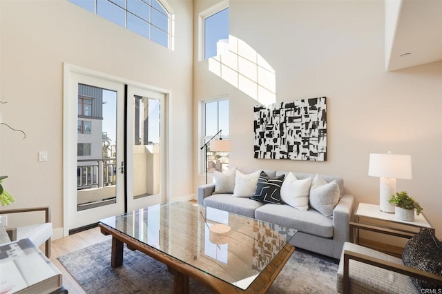 living room featuring hardwood / wood-style floors, a healthy amount of sunlight, and a high ceiling