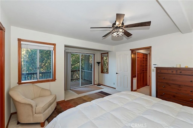 bedroom featuring ceiling fan, light wood-type flooring, and access to outside