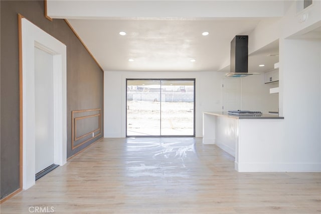 kitchen featuring island exhaust hood and light hardwood / wood-style flooring