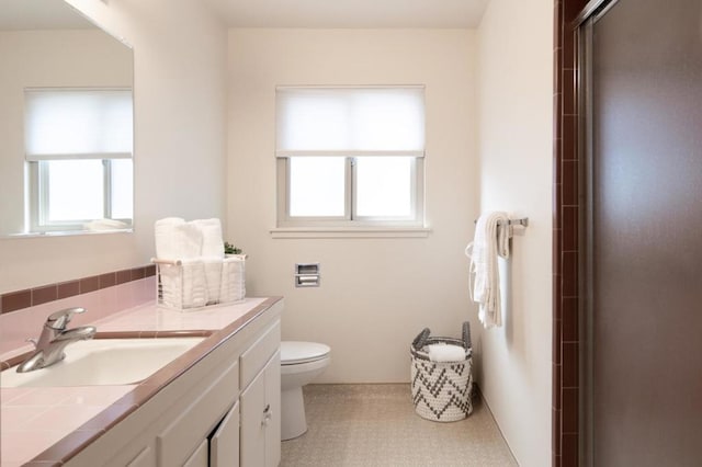 bathroom with vanity, an enclosed shower, and toilet