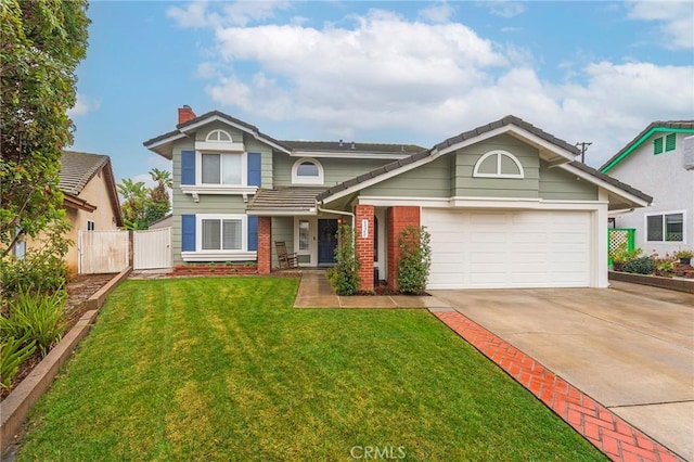 traditional home with a front lawn, fence, concrete driveway, a garage, and brick siding