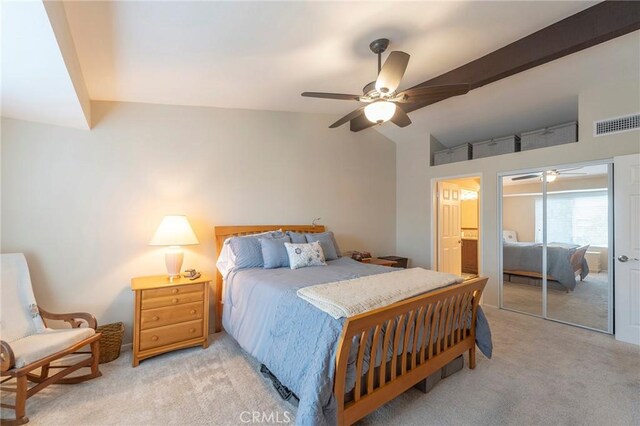 bedroom with lofted ceiling with beams, light colored carpet, visible vents, and ceiling fan