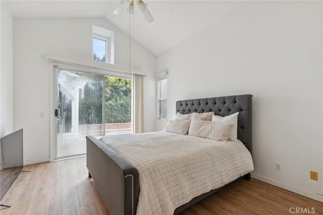 bedroom featuring ceiling fan, high vaulted ceiling, access to exterior, and light hardwood / wood-style floors